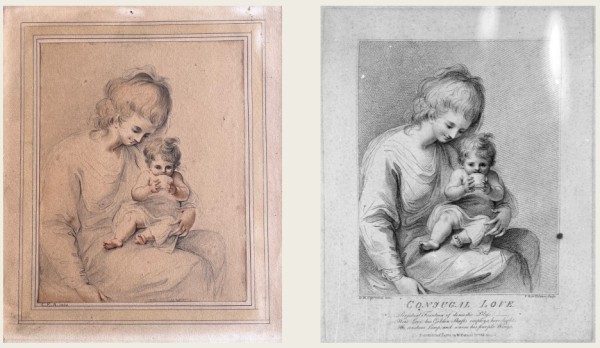 Cassandra Austen’s copy of Conjugal Love, next to the original by Bartolozzi