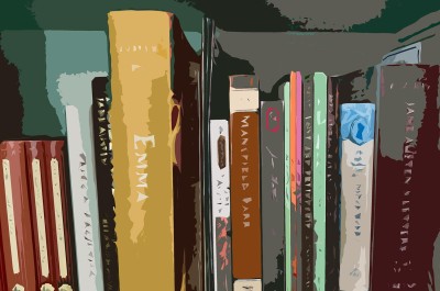 Jane Austen-related books on a shelf